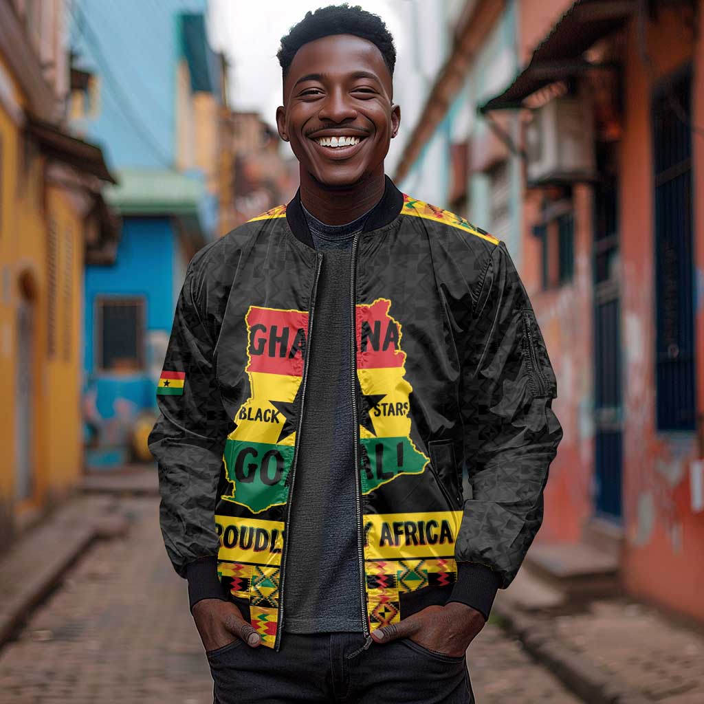 Personalized Afro Ghana Football Sleeve Zip Bomber Jacket Black Stars Never Fall - Kente Pattern - African Pride
