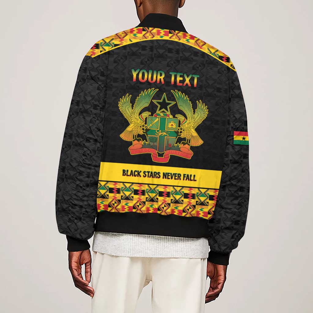 Personalized Afro Ghana Football Sleeve Zip Bomber Jacket Black Stars Never Fall - Kente Pattern - African Pride