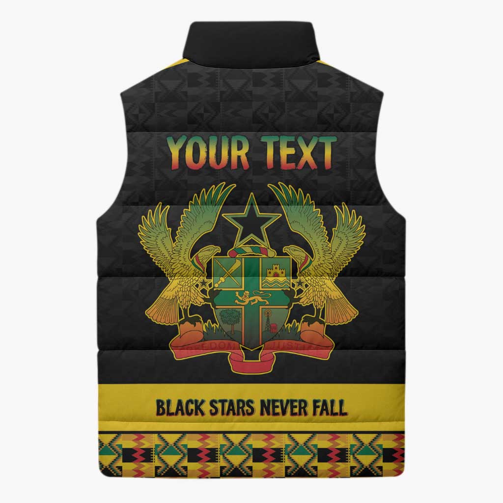Personalized Afro Ghana Football Sleeveless Puffer Jacket Black Stars Never Fall - Kente Pattern - African Pride