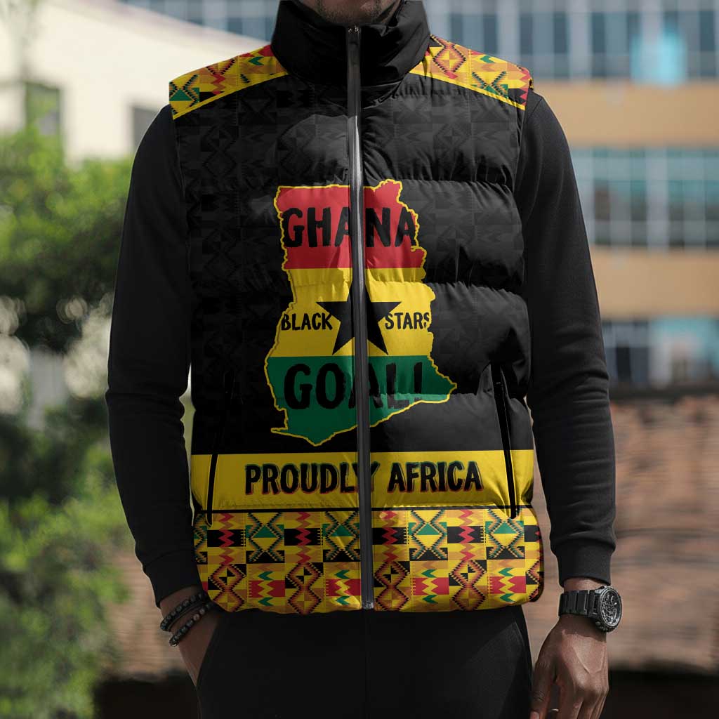 Personalized Afro Ghana Football Sleeveless Puffer Jacket Black Stars Never Fall - Kente Pattern - African Pride