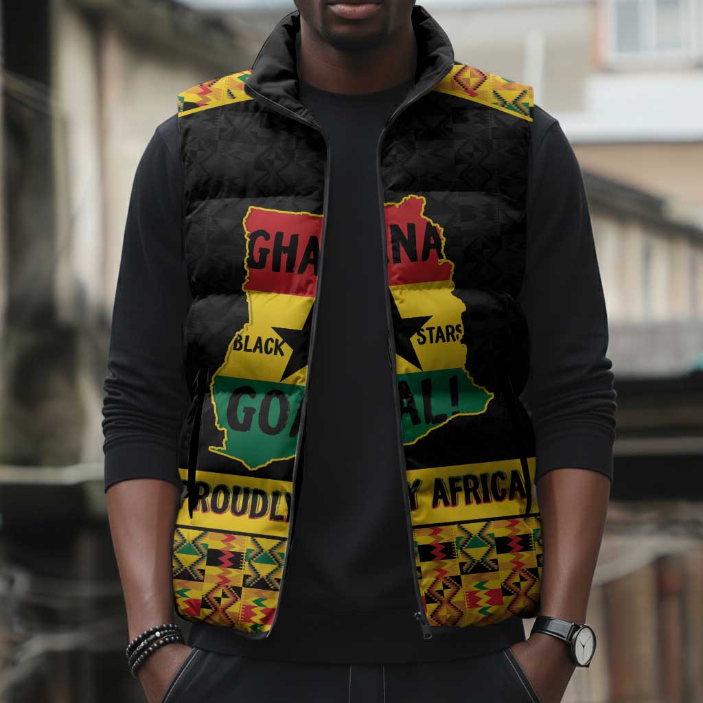 Personalized Afro Ghana Football Sleeveless Puffer Jacket Black Stars Never Fall - Kente Pattern - African Pride