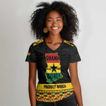 Personalized Afro Ghana Football Women V-Neck T-Shirt Black Stars Never Fall - Kente Pattern LT15