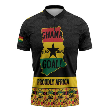 Personalized Afro Ghana Football Zipper Polo Shirt Black Stars Never Fall - Kente Pattern - African Pride