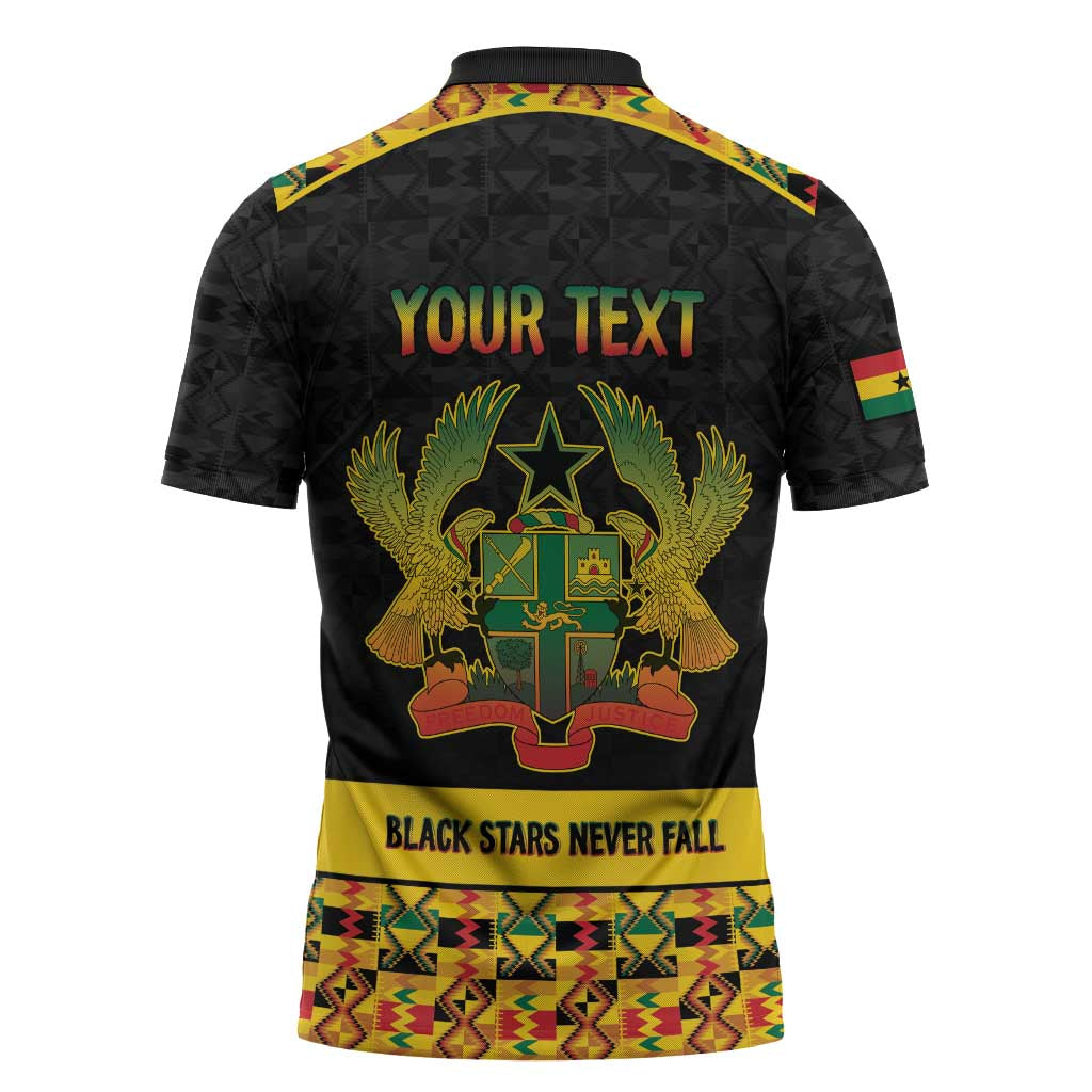 Personalized Afro Ghana Football Zipper Polo Shirt Black Stars Never Fall - Kente Pattern - African Pride