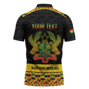Personalized Afro Ghana Football Zipper Polo Shirt Black Stars Never Fall - Kente Pattern - African Pride