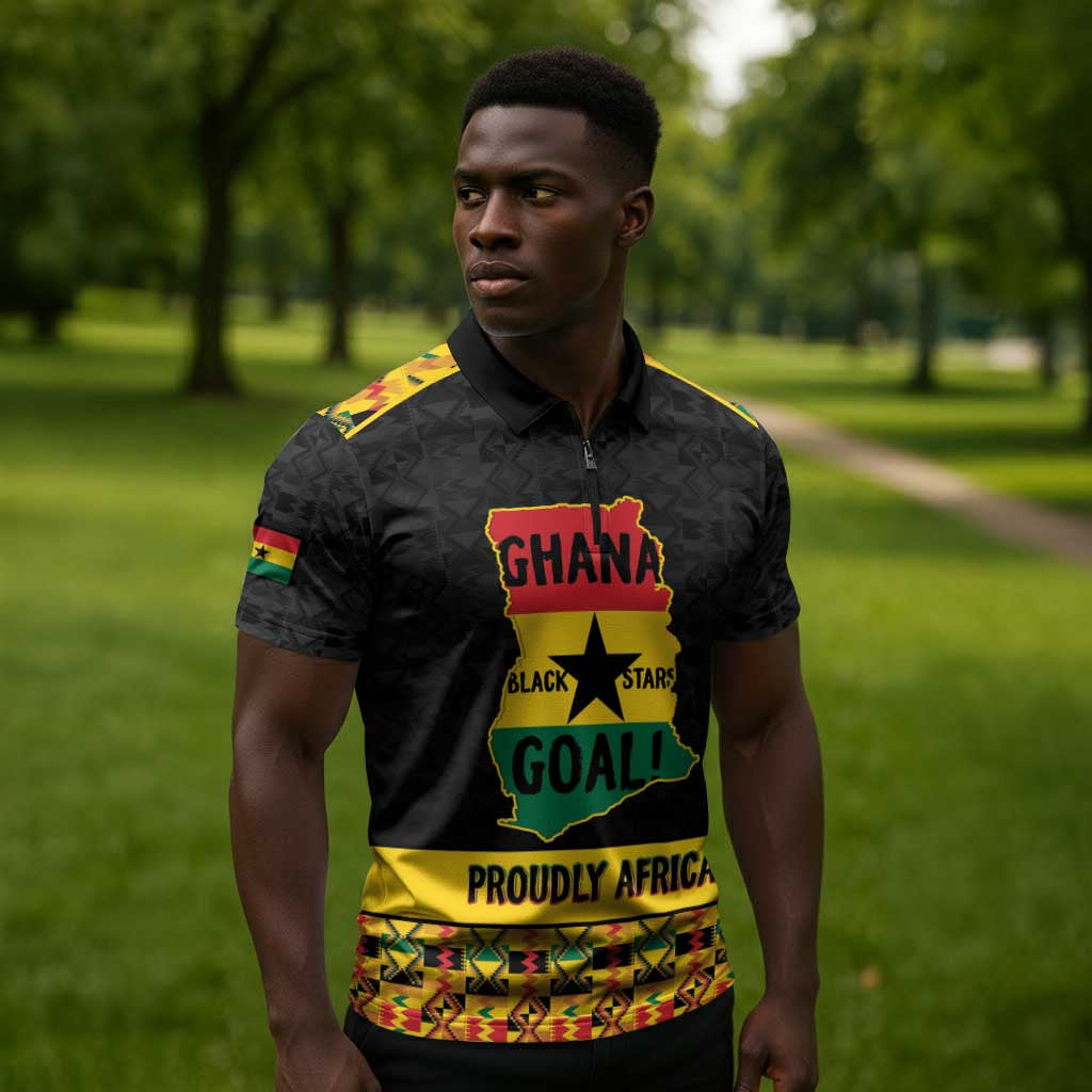 Personalized Afro Ghana Football Zipper Polo Shirt Black Stars Never Fall - Kente Pattern - African Pride