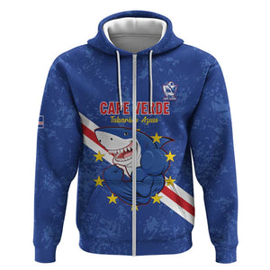 Custom Cabo Verde Football Zip Hoodie Go Tubaroes Azuis
