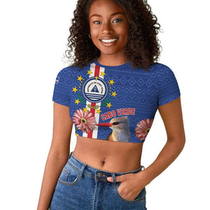 Personalised Cabo Verde Raglan Cropped T shirt Grey-Headed Kingfisher Mix Gerbera Daisy