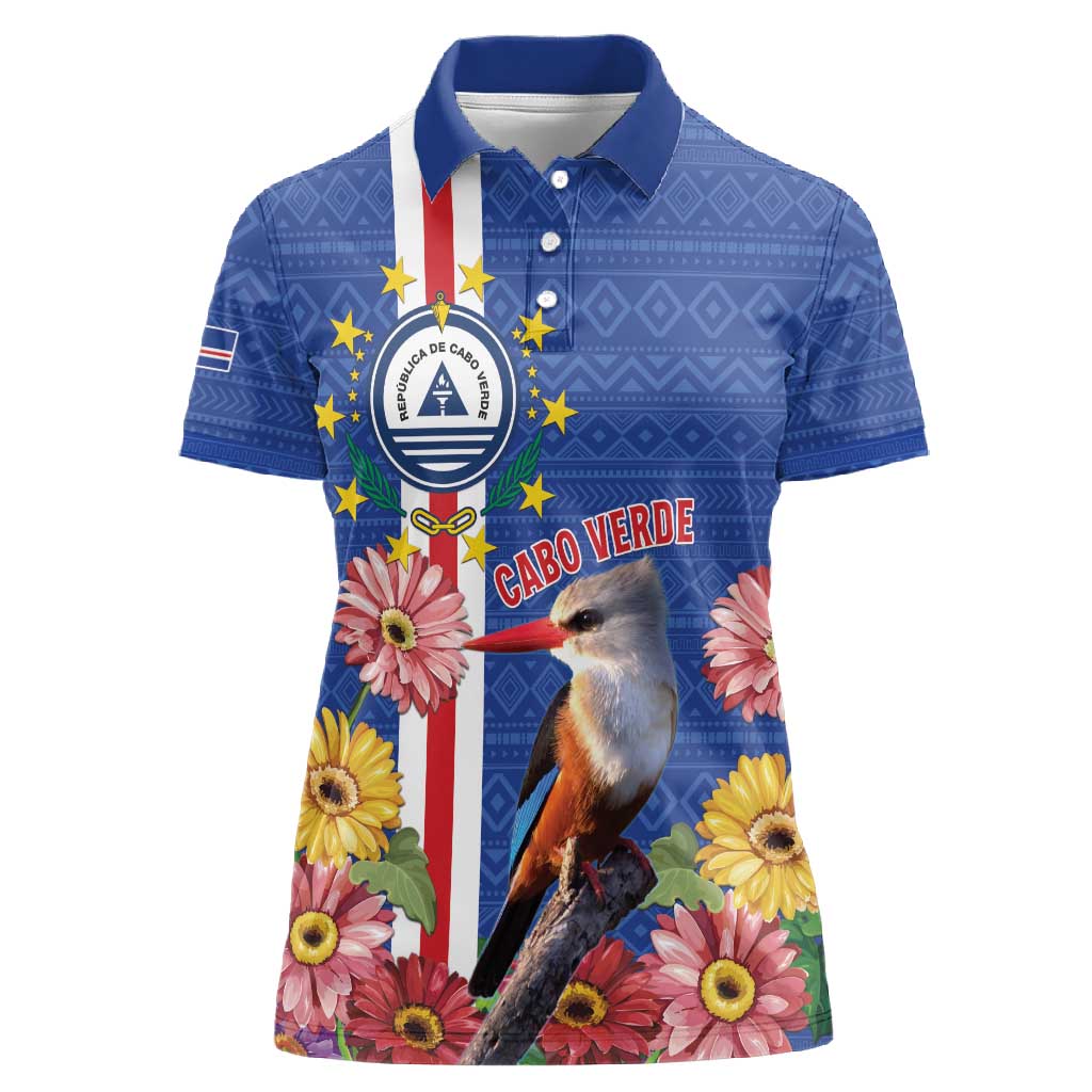 Personalised Cabo Verde Women Polo Shirt Grey-Headed Kingfisher Mix Gerbera Daisy