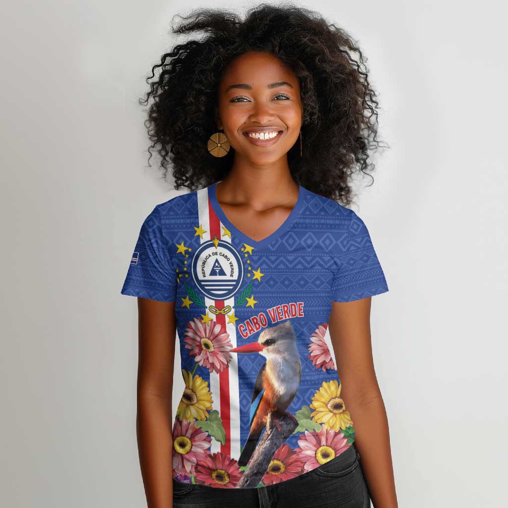 Personalised Cabo Verde Women V-Neck T-Shirt Grey-Headed Kingfisher Mix Gerbera Daisy