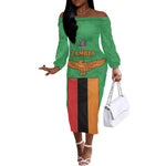 Personalised Afro Zambia Off The Shoulder Long Sleeve Dress Flag Style Mix Kente Pattern