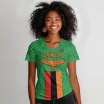 Personalised Afro Zambia Women V-Neck T-Shirt Flag Style Mix Kente Pattern