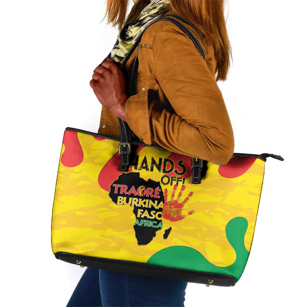 Hands Off Traore Burkina Faso Africa Leather Tote Bag Military Pattern