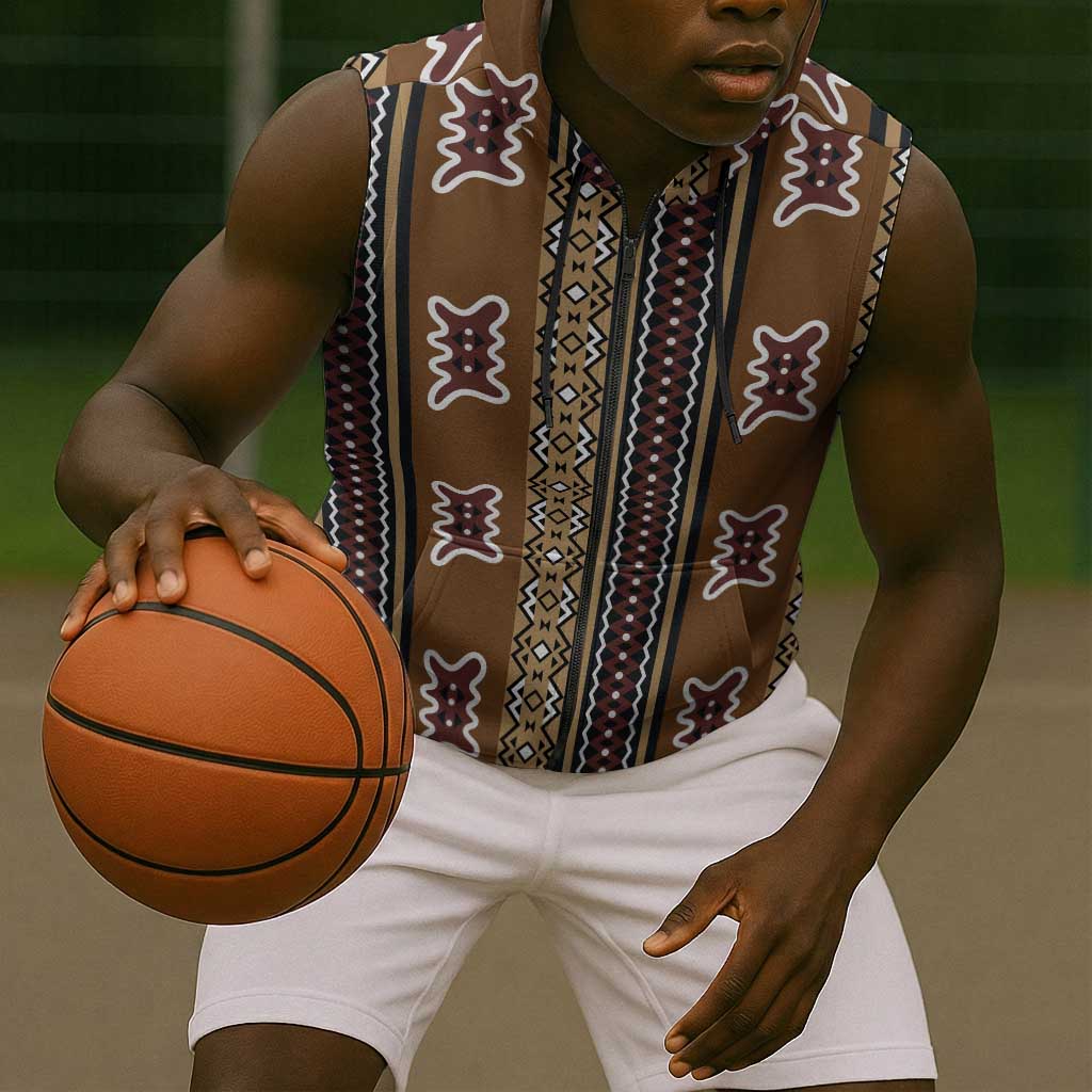 Mali Mud Cloth Sleeveless Zip Hoodie Traditional Bologan Pattern - African Pride