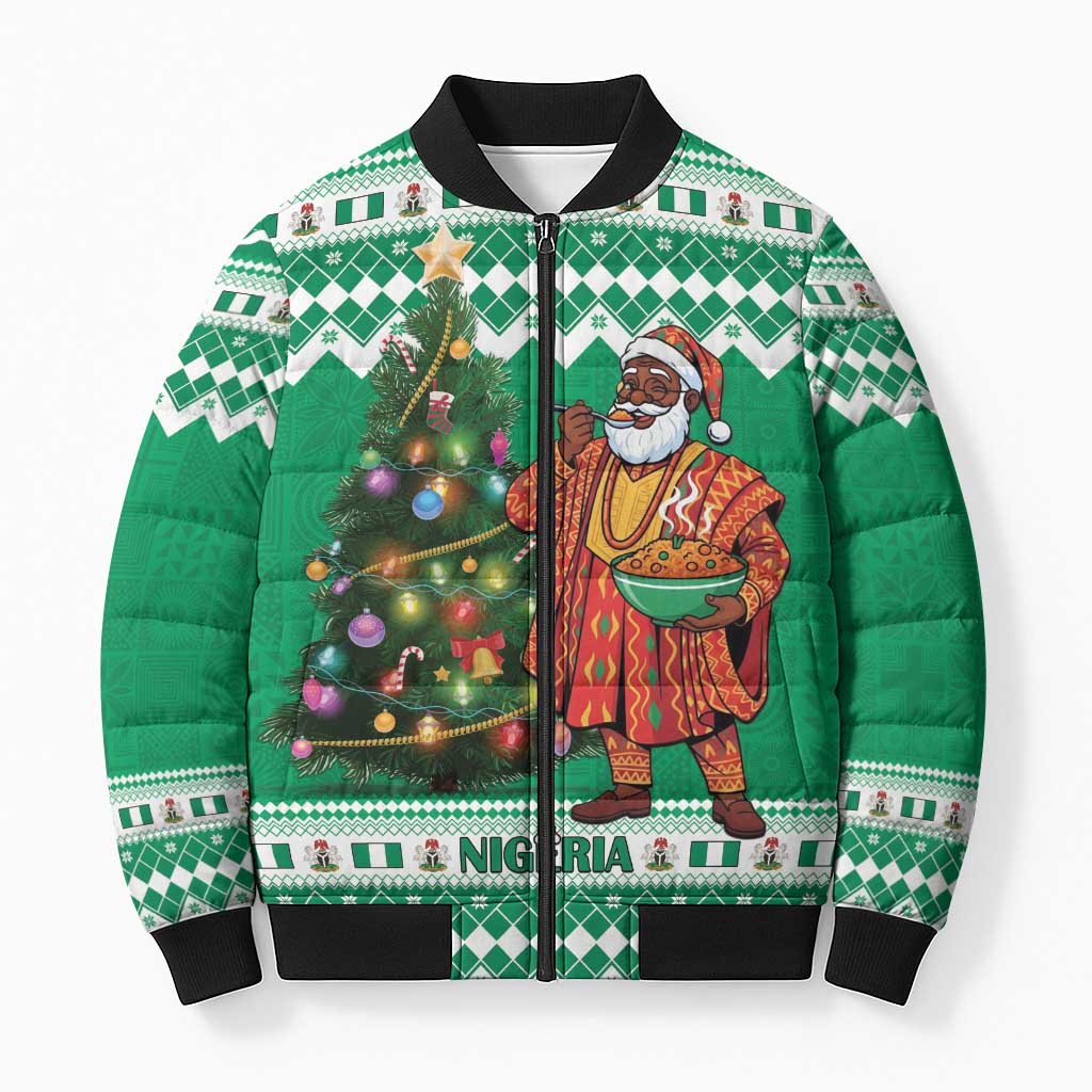 Personalized Nigeria Christmas Bomber Puffer Jacket Black Santa With Jollof Rice