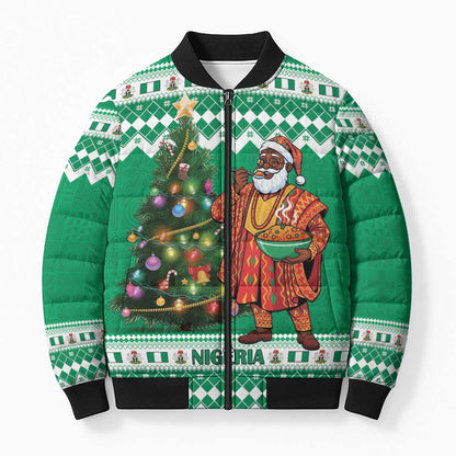 Personalized Nigeria Christmas Bomber Puffer Jacket Black Santa With Jollof Rice