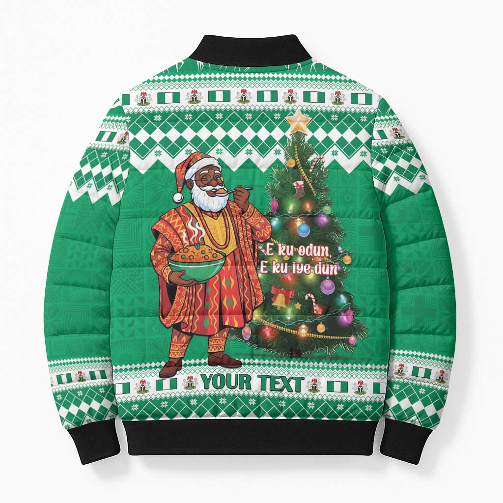 Personalized Nigeria Christmas Bomber Puffer Jacket Black Santa With Jollof Rice