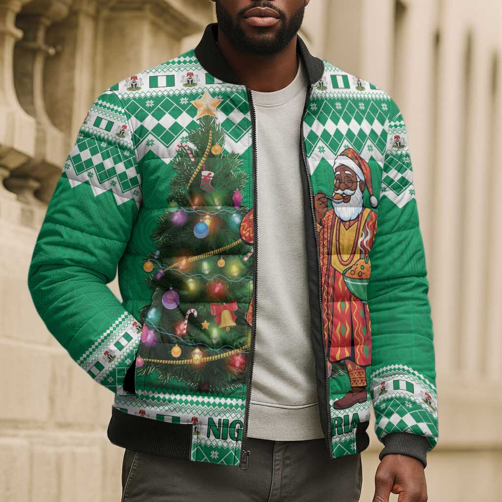Personalized Nigeria Christmas Bomber Puffer Jacket Black Santa With Jollof Rice