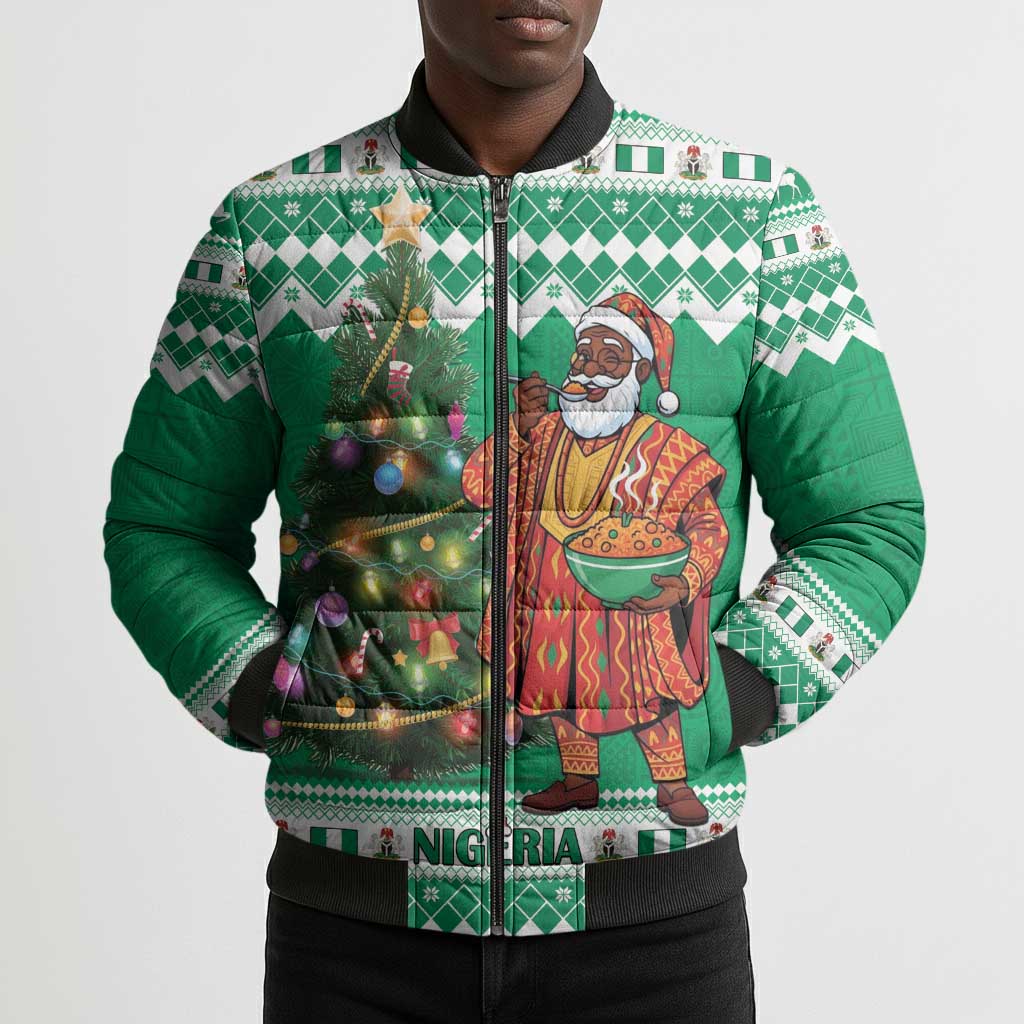 Personalized Nigeria Christmas Bomber Puffer Jacket Black Santa With Jollof Rice