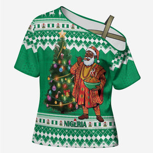 Personalized Nigeria Christmas Cross Shoulder Shirt Black Santa With Jollof Rice
