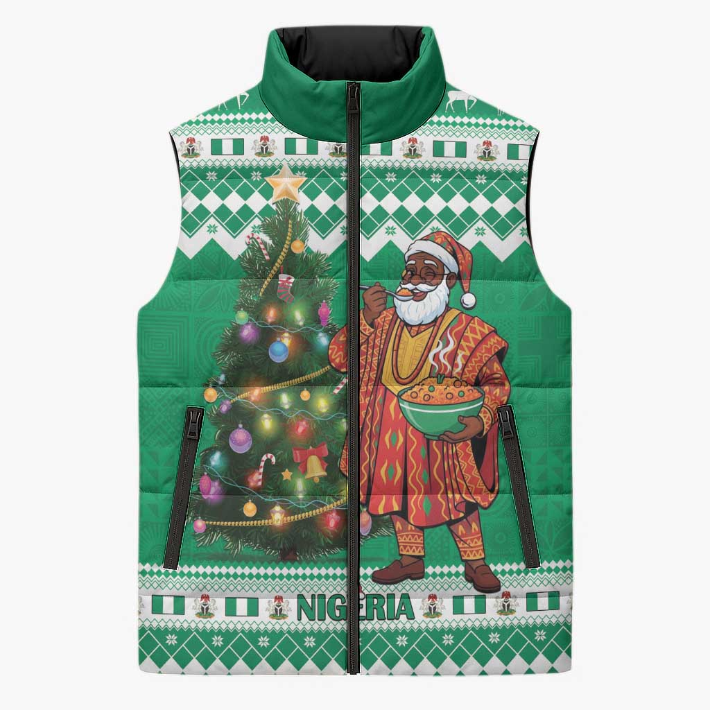 Personalized Nigeria Christmas Sleeveless Puffer Jacket Black Santa With Jollof Rice