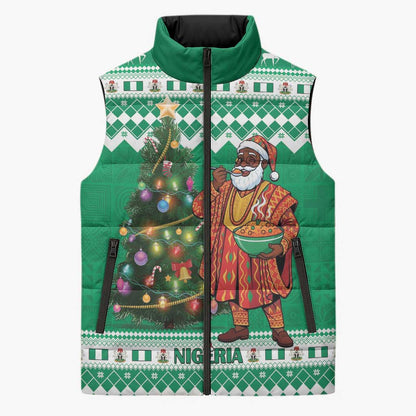 Personalized Nigeria Christmas Sleeveless Puffer Jacket Black Santa With Jollof Rice