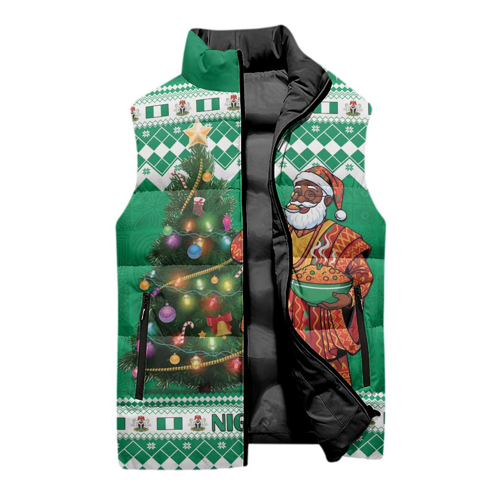 Personalized Nigeria Christmas Sleeveless Puffer Jacket Black Santa With Jollof Rice