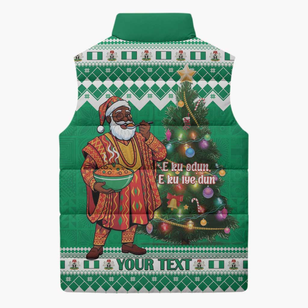 Personalized Nigeria Christmas Sleeveless Puffer Jacket Black Santa With Jollof Rice