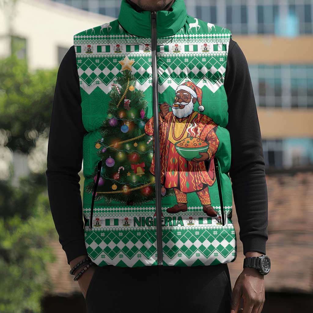 Personalized Nigeria Christmas Sleeveless Puffer Jacket Black Santa With Jollof Rice
