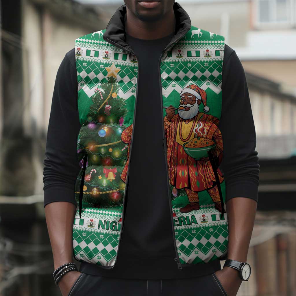 Personalized Nigeria Christmas Sleeveless Puffer Jacket Black Santa With Jollof Rice