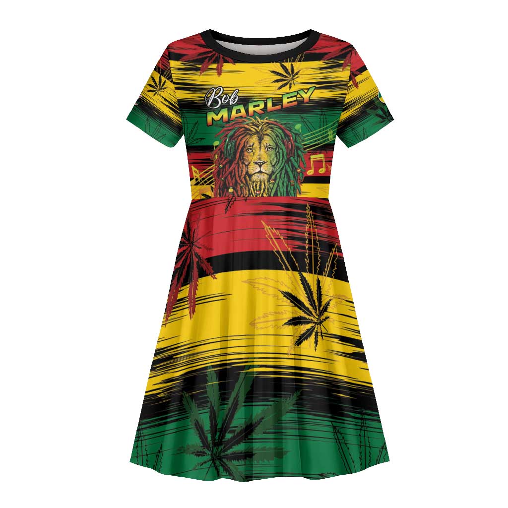 Personalised Rastafarian Lion Kid Short Sleeve Dress Cannabis Leaf Pattern