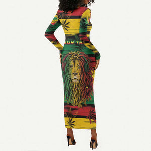 Personalised Rastafarian Lion Long Sleeve Bodycon Dress Cannabis Leaf Pattern