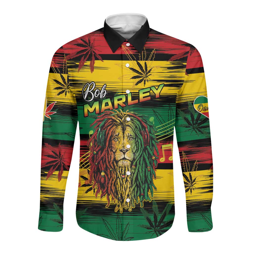 Personalised Rastafarian Lion Long Sleeve Button Shirt Cannabis Leaf Pattern