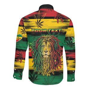 Personalised Rastafarian Lion Long Sleeve Button Shirt Cannabis Leaf Pattern