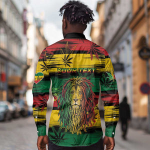 Personalised Rastafarian Lion Long Sleeve Button Shirt Cannabis Leaf Pattern