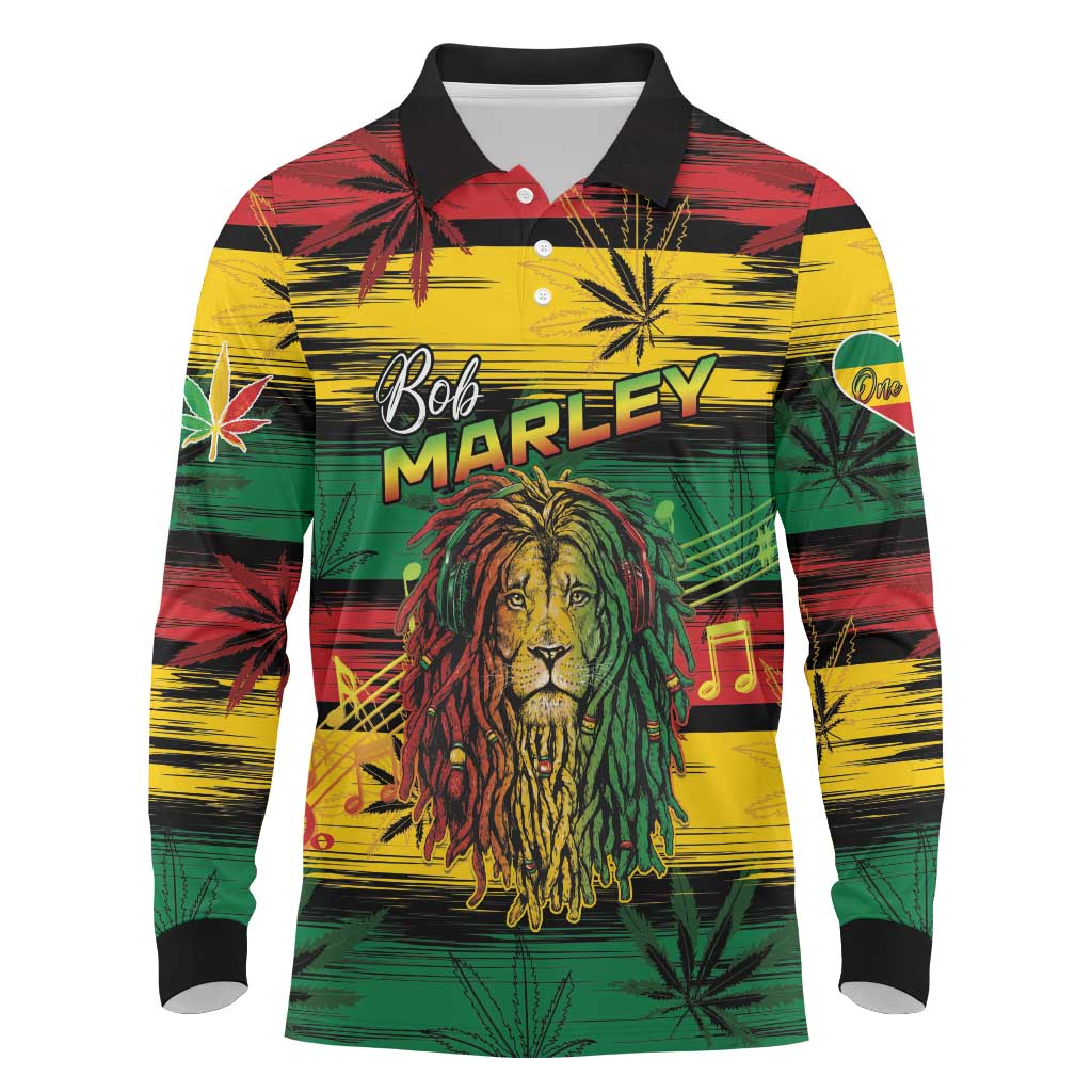 Personalised Rastafarian Lion Long Sleeve Polo Shirt Cannabis Leaf Pattern