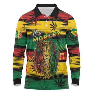 Personalised Rastafarian Lion Long Sleeve Polo Shirt Cannabis Leaf Pattern