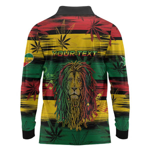 Personalised Rastafarian Lion Long Sleeve Polo Shirt Cannabis Leaf Pattern