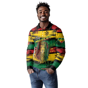 Personalised Rastafarian Lion Long Sleeve Polo Shirt Cannabis Leaf Pattern