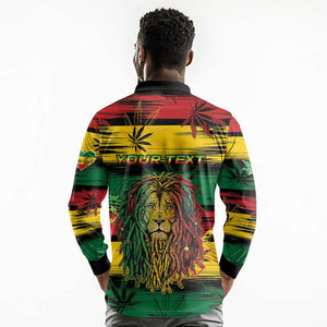 Personalised Rastafarian Lion Long Sleeve Polo Shirt Cannabis Leaf Pattern