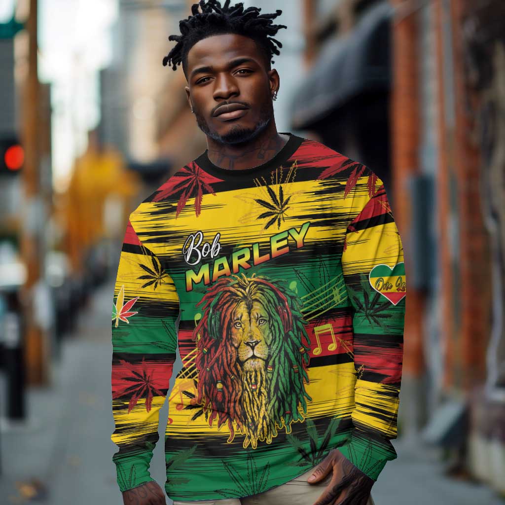 Personalised Rastafarian Lion Long Sleeve Shirt Cannabis Leaf Pattern