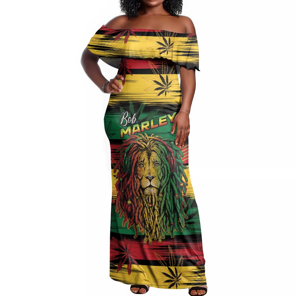 Personalised Rastafarian Lion Off Shoulder Maxi Dress Cannabis Leaf Pattern