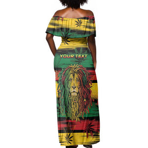 Personalised Rastafarian Lion Off Shoulder Maxi Dress Cannabis Leaf Pattern