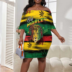 Personalised Rastafarian Lion Off Shoulder Short Dress Cannabis Leaf Pattern