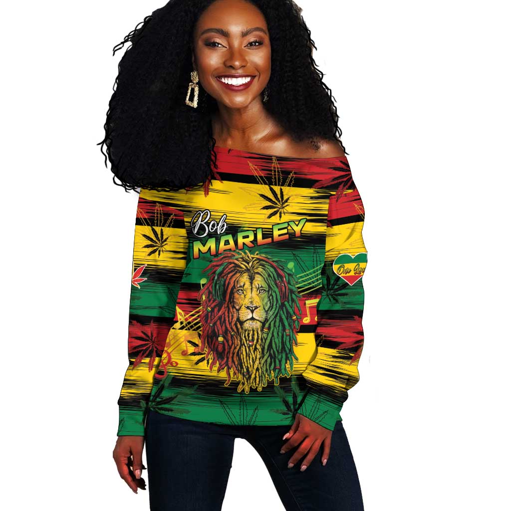 Personalised Rastafarian Lion Off Shoulder Sweater Cannabis Leaf Pattern