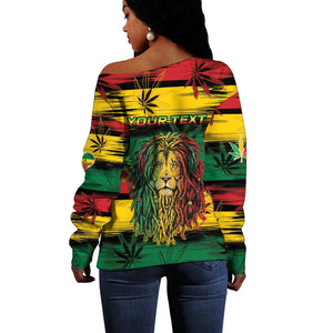 Personalised Rastafarian Lion Off Shoulder Sweater Cannabis Leaf Pattern