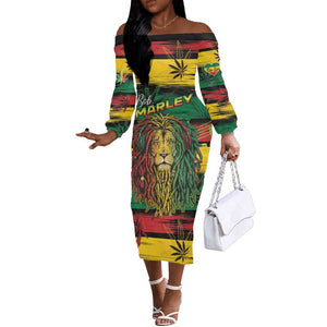 Personalised Rastafarian Lion Off The Shoulder Long Sleeve Dress Cannabis Leaf Pattern