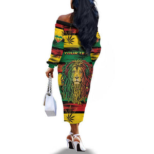 Personalised Rastafarian Lion Off The Shoulder Long Sleeve Dress Cannabis Leaf Pattern