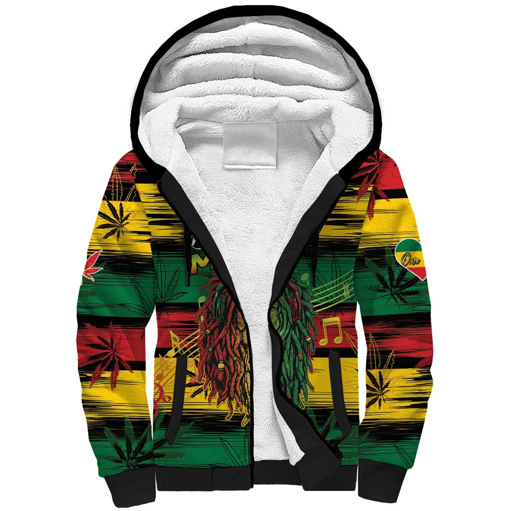 Personalised Rastafarian Lion Sherpa Hoodie Cannabis Leaf Pattern