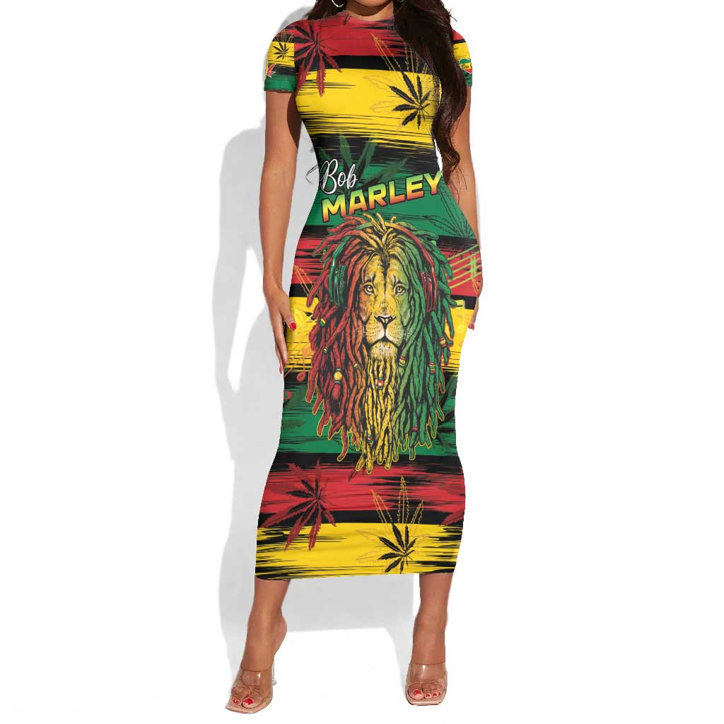 Personalised Rastafarian Lion Short Sleeve Bodycon Dress Cannabis Leaf Pattern